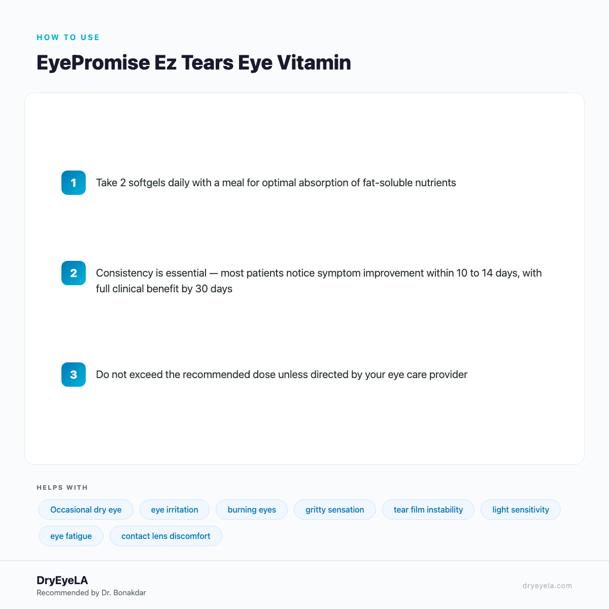 EyePromise Ez Tears Eye Vitamin – Dry Eye - 30 day Supply (60ct Bottle) - How To Use