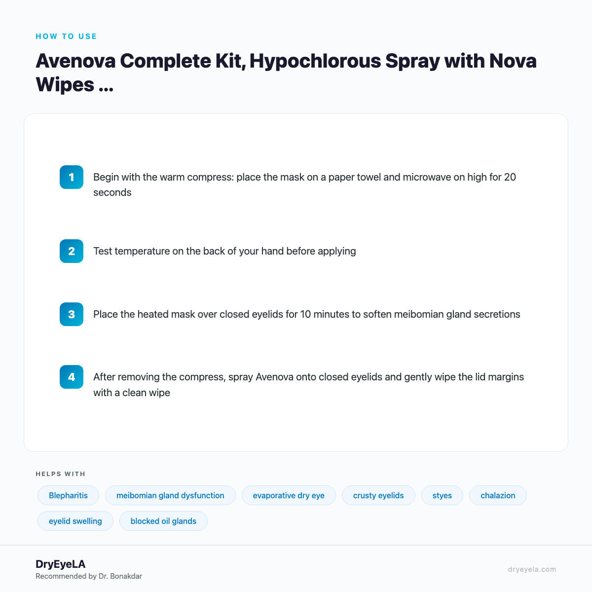 Avenova Complete Kit, Hypochlorous Spray with Nova Wipes and 2 Bottles of Lubricants - How To Use