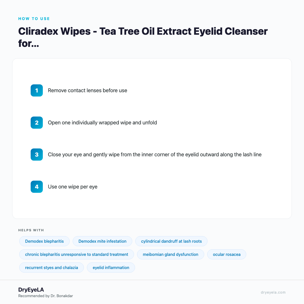 Cliradex Wipes - Tea Tree Oil Extract Eyelid Cleanser for Demodex, Blepharitis and Dry Eye (24ct) - How To Use