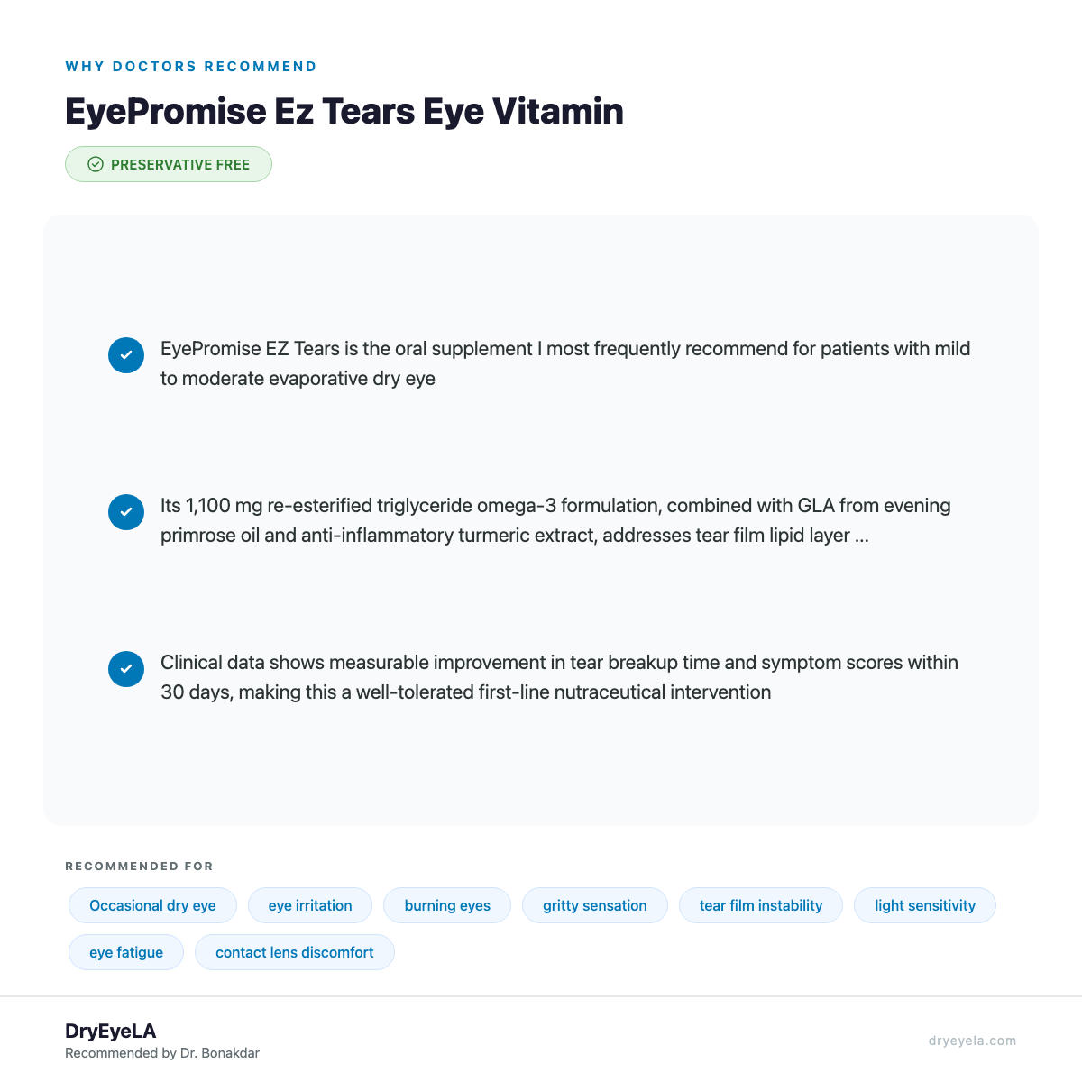 EyePromise Ez Tears Eye Vitamin – Dry Eye - 30 day Supply (60ct Bottle) - Why Doctors Recommend