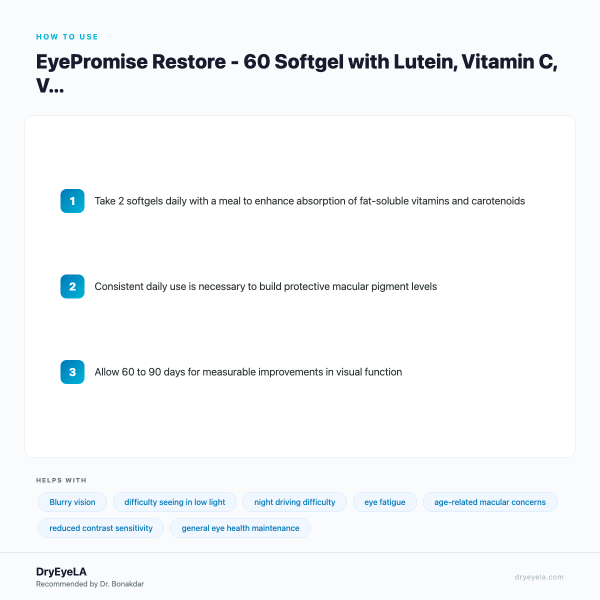 EyePromise Restore - 60 Softgel with Lutein, Vitamin C, Vitamin D, Vitamin E, Omega-3 Fish Oil, and Zeaxanthin - How To Use
