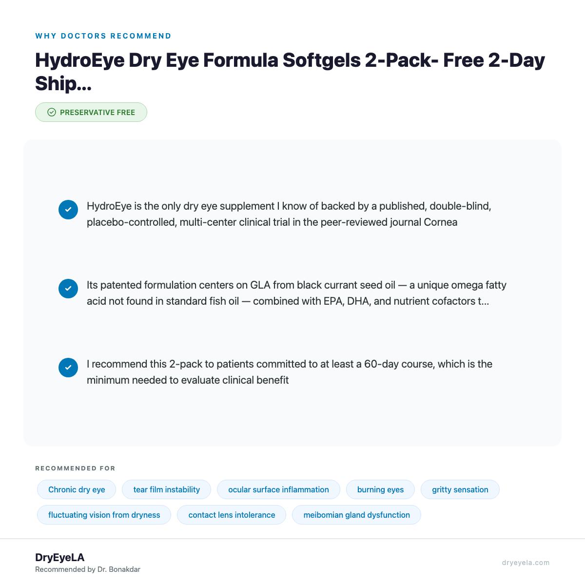 HydroEye Dry Eye Formula Softgels 2-Pack- Free 2-Day Shipping (120ct x 2 - Two Bottles) - Why Doctors Recommend