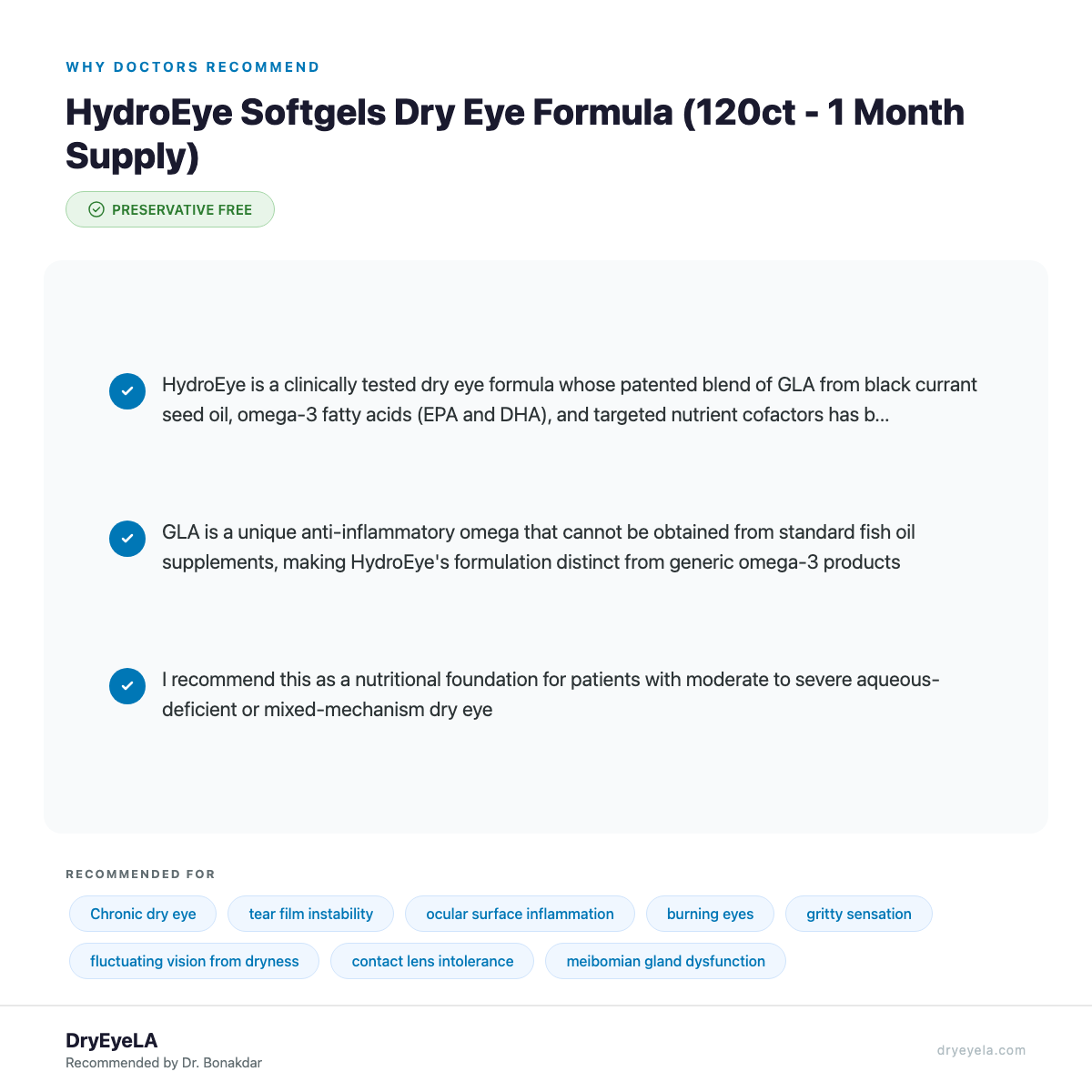 HydroEye Softgels Dry Eye Formula (120ct - 1 Month Supply) - Why Doctors Recommend