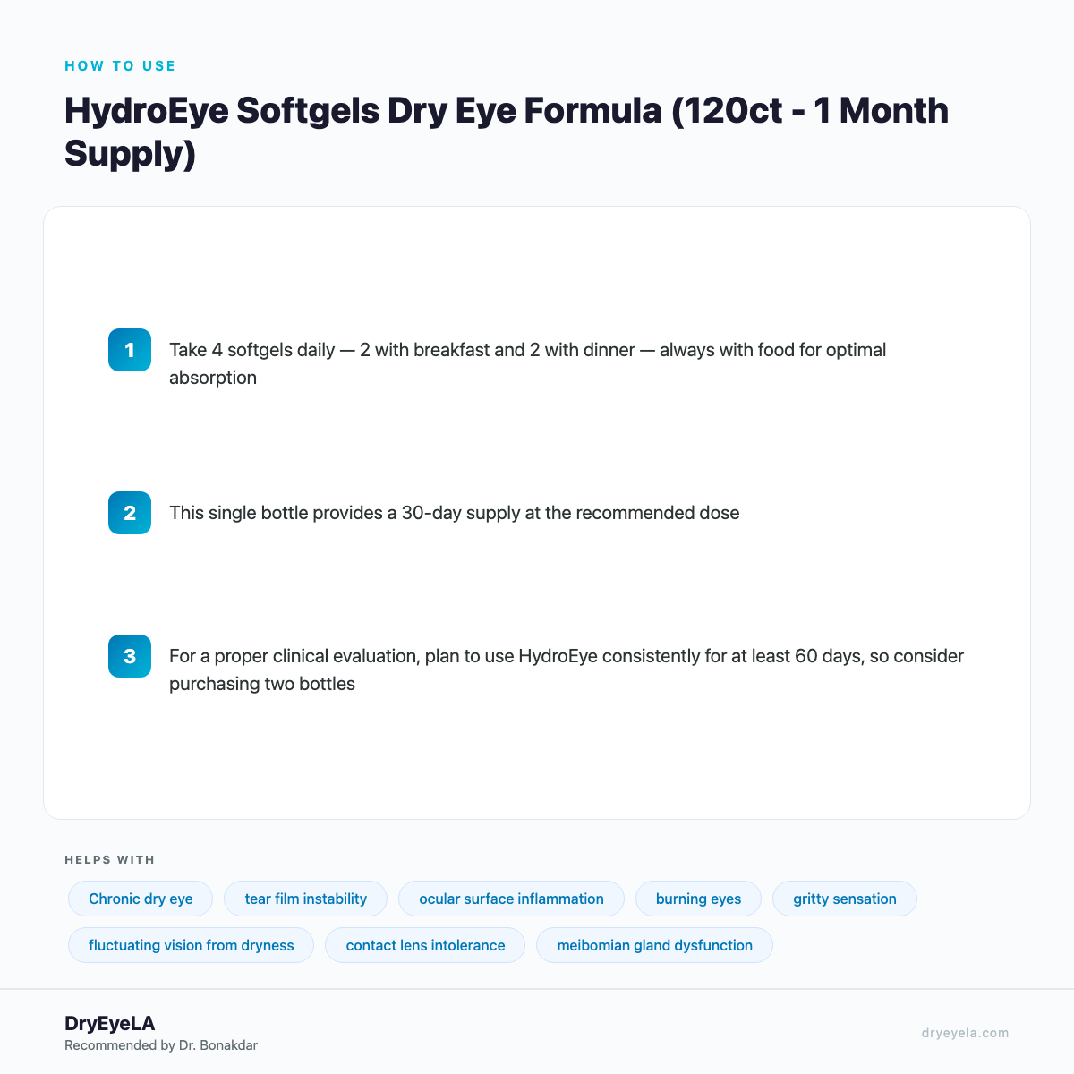 HydroEye Softgels Dry Eye Formula (120ct - 1 Month Supply) - How To Use